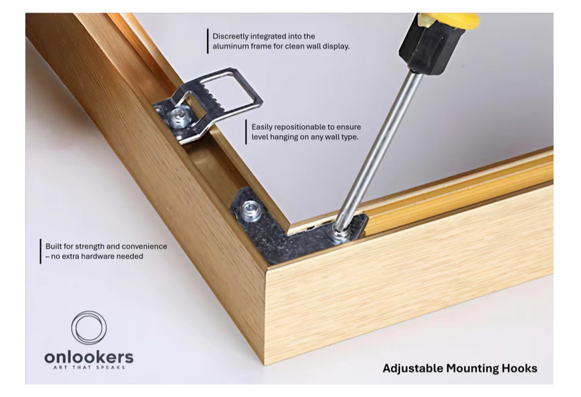 Adjustable mounting hooks integrated into aluminum art frame for easy, level wall hanging by Onlookers Art.”