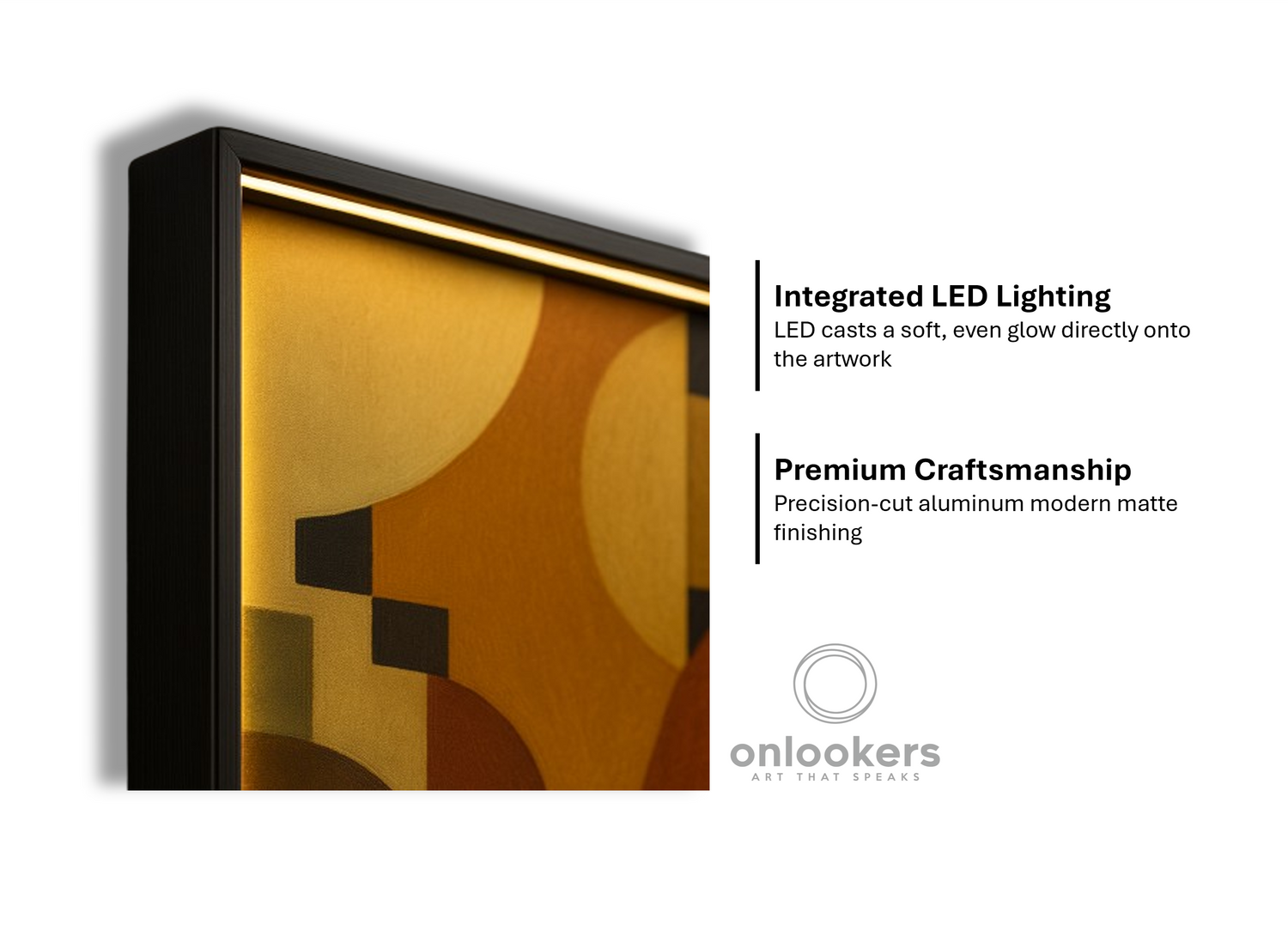 Framed wall art with integrated LED lighting and precision-cut aluminum frame in matte finish by Onlookers Art.